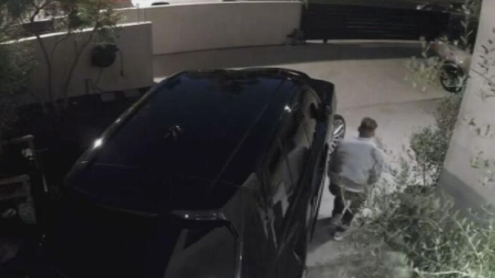 Surveillance image of homeowner taking cover by car during shootout