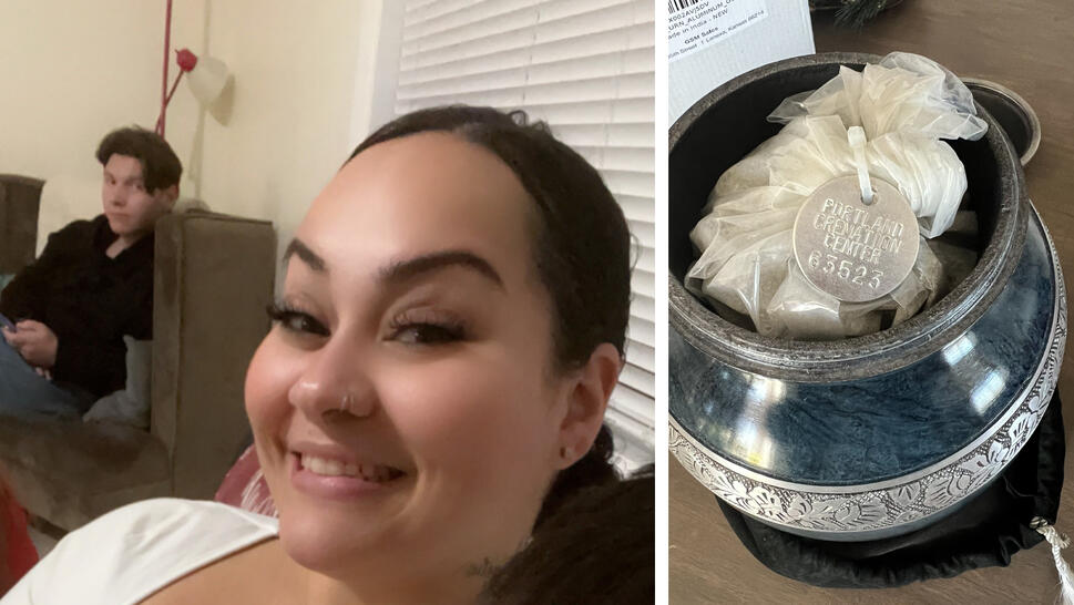 Selfie of woman and man/Ashes inside urn