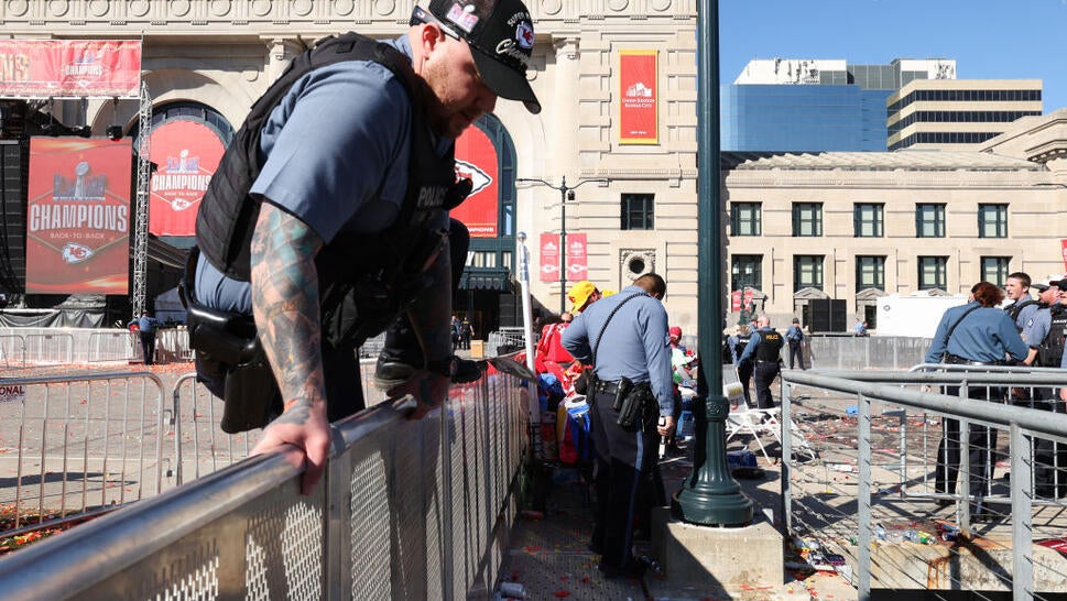 Law enforcement responds to a shooting at Union Station during the Kansas City Chiefs Super Bowl LVIII victory parade on February 14, 2024 in Kansas City, Missouri. Several people were shot and two people were detained after a rally celebrating the Chiefs Super Bowl victory.