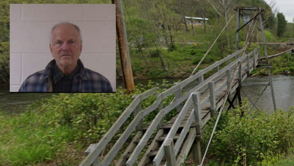 Leonard Anthony Widawski (inset) lives across the street from one of the swinging rope bridges that cross the North Toe River (above) in Yancey County, North Carolina.
