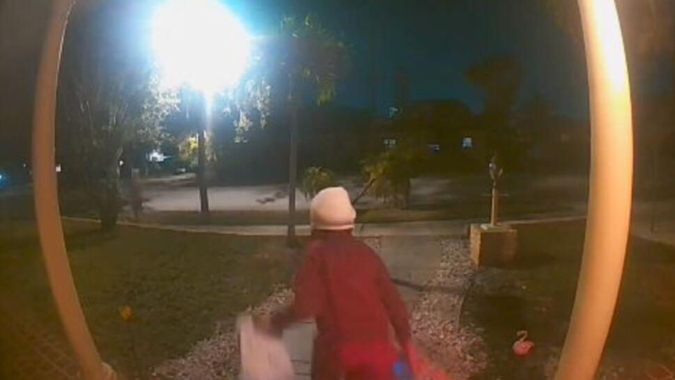 Ring camera footage screengrab of child walking away from porch holding a package