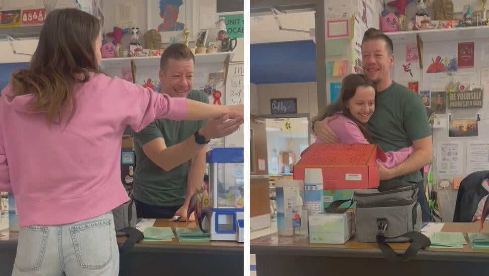 student holds out arm / student hugging teacher