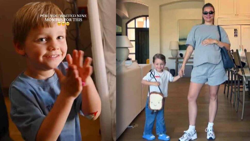Little boy with hands touching, Mother and son posing for camera