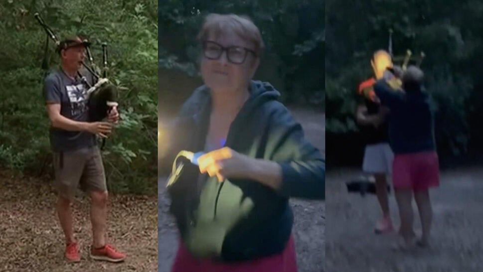 Man playing bagpipes, phone footage of an older woman with glasses, phone footage of the woman attacking the man playing bagpipes
