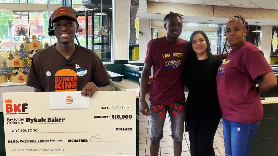 Recent HS grad Mykale Baker holding a scholarship award from The Burger King Foundation; Baker, Maria Mendoza, and Baker's mother