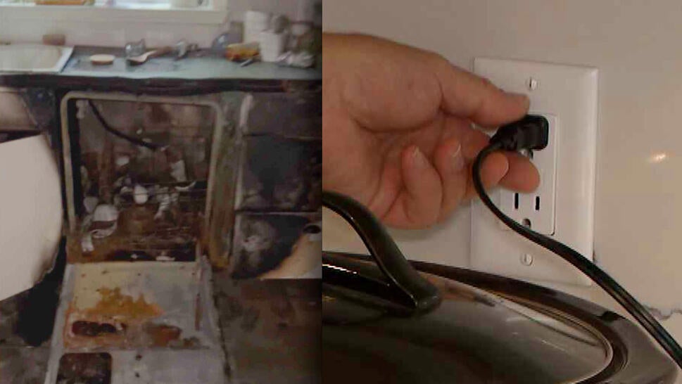 Dishwasher that had caught fire / Hand unplugging a power cord
