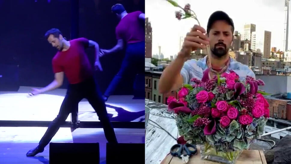 Broadway performer Robbie Fairchild on stage, working as a florist