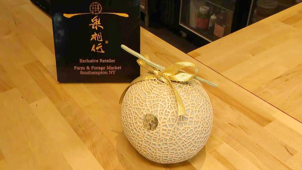 Small melon sitting on a wooden countertop 