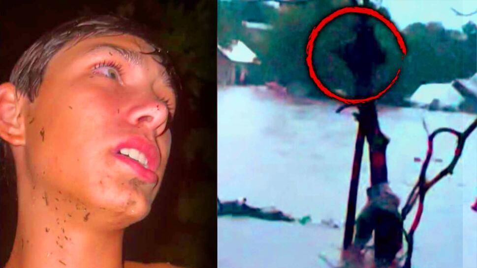 Teen looking for his mother during the flood / Person holding onto a thin tree as flood water rushes by