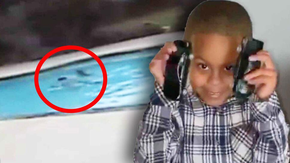 Security image of a pool with two people in the deep end, circled in red / a young boy holds up two toy trucks