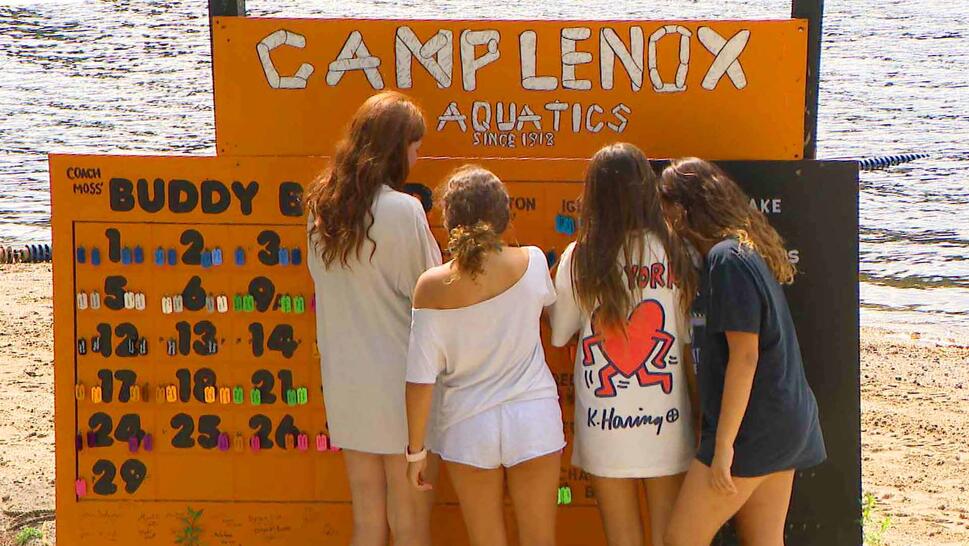 Four young girls standing in front of a sign reading 'Camp Lenox Aquatics'