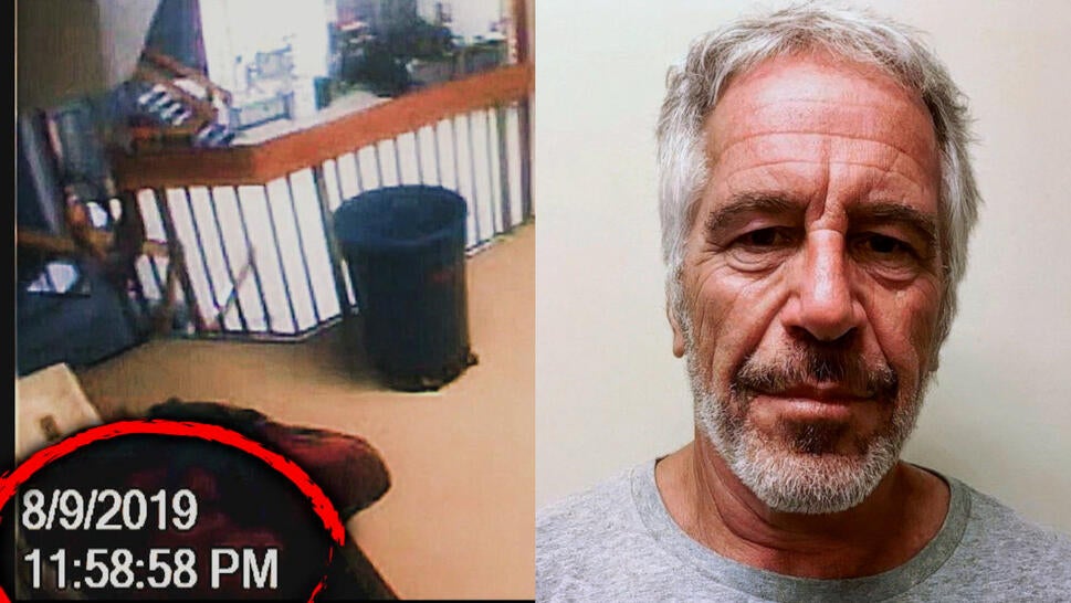 Screenshot of surveillance video outside Jeffrey Epstein's jail cell with a red circle around the timestamp, photo of Epstein