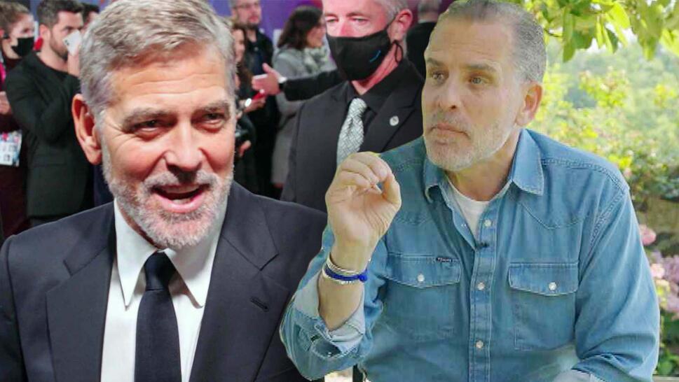 George Clooney being interviewed at a red carpet event / Hunter Biden speaking in an outdoor interview