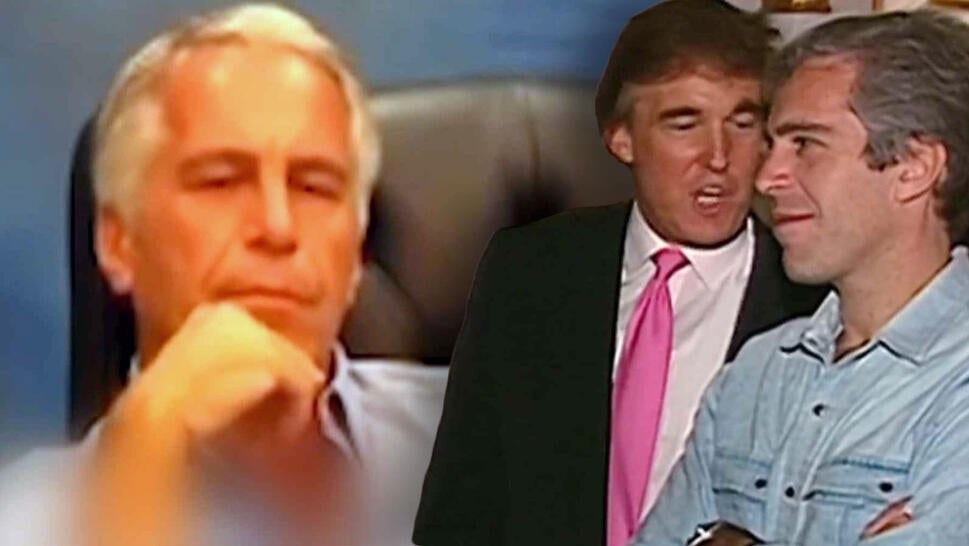 Jeffrey Epstein sitting for a deposition in 2010 / Donald Trump and Jeffrey Epstein speaking together at a party