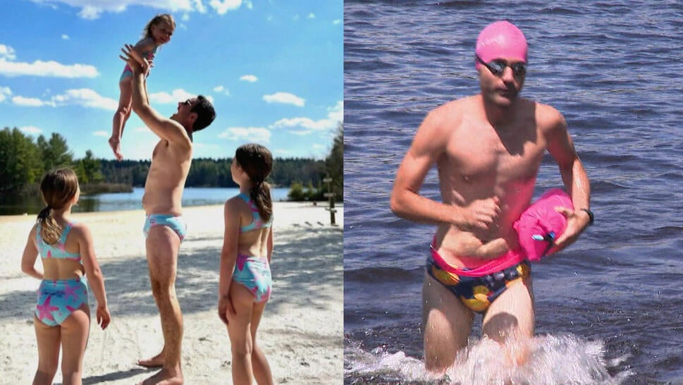 Tyler Moore, in a Speedo, with his family; Moore emerging from water, in another Speedo
