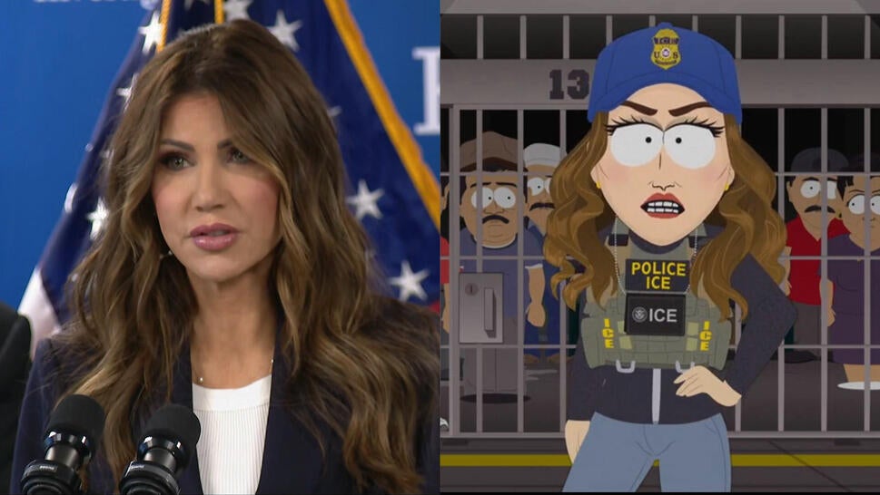 Kristi Noem in real life and as animated on 'South Park'