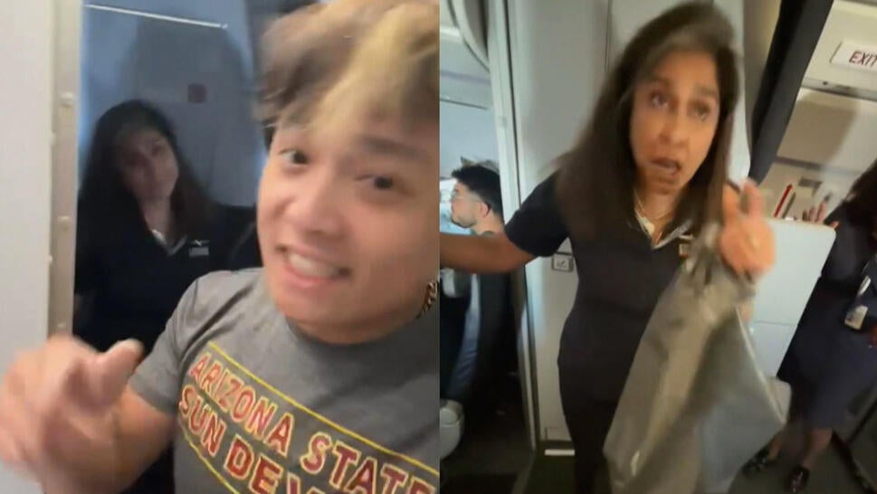Airline passenger and flight attendant on video