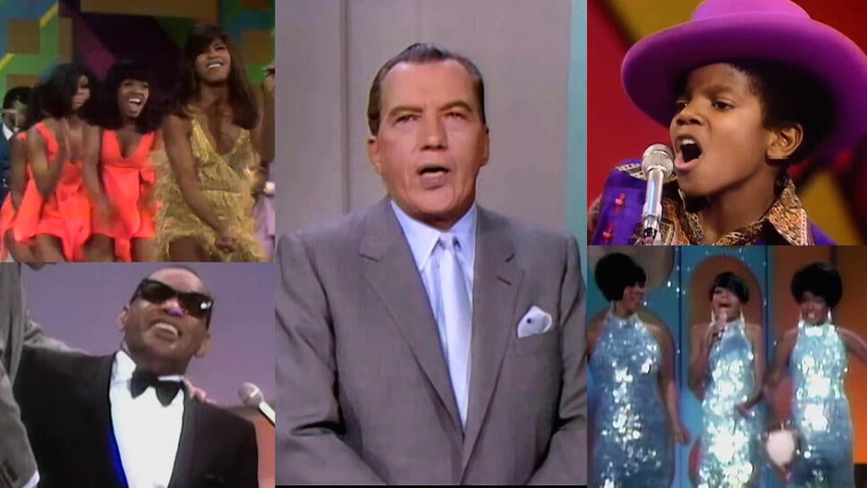 clockwise from top left: Tina Turner, Ed Sullivan, Michael Jackson, The Supremes, Ray Charles