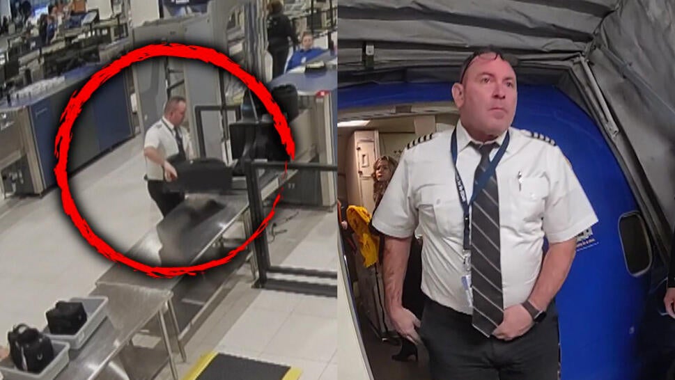 Airline pilot David Allsop going through airport security, pulled off flight by police