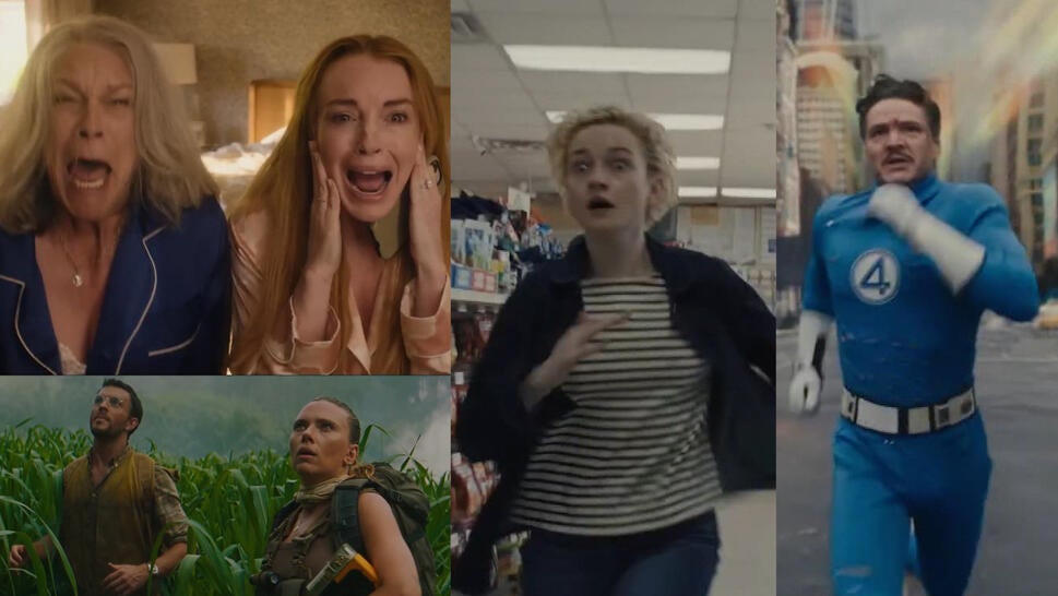 Scenes from Summer 2025 movies "Jurassic World: Rebirth," "Freakier Friday," "Weapons," and "Fantastic Four: First Steps"