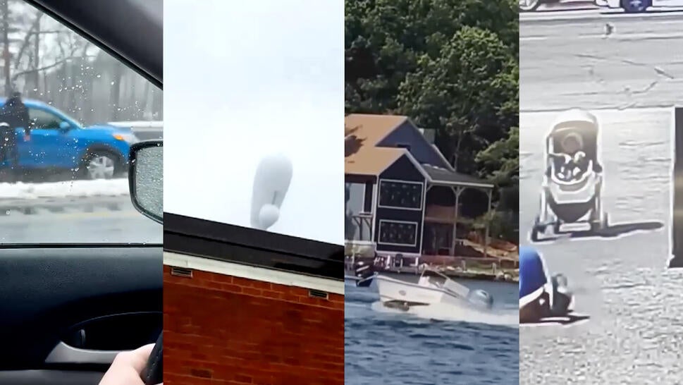 Man chases runaway car, runaway blimp in sky, runaway speedboat, runaway baby stroller