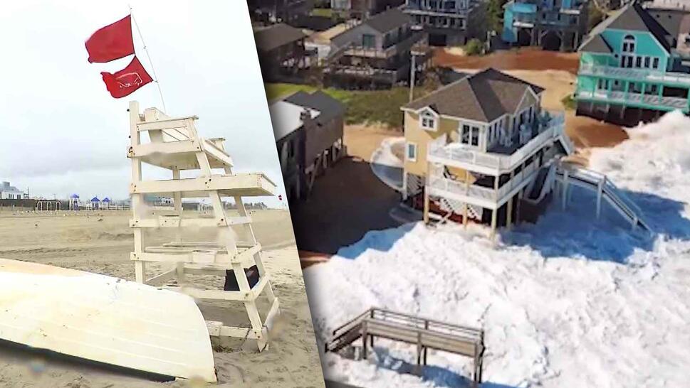 Lifeguard chair with warning flags / Houses on stilts surrounded by water