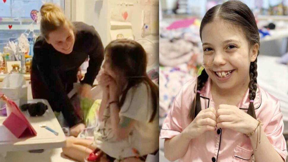 11-Year-Old Girl on iPad with nurse / 11-Year-Old Girl smiling to camera and making a heart shape with her hands