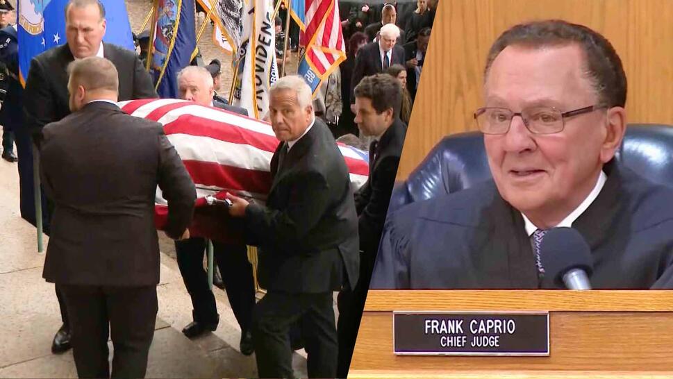 Coffin wrapped in an American flag being carried up church steps / Judge Frank Caprio at the bench