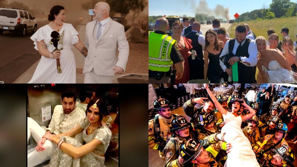 Married couple in a dust storm, wedding party near burning limo, married couple stuck in elevator, new bride carried by firefighters