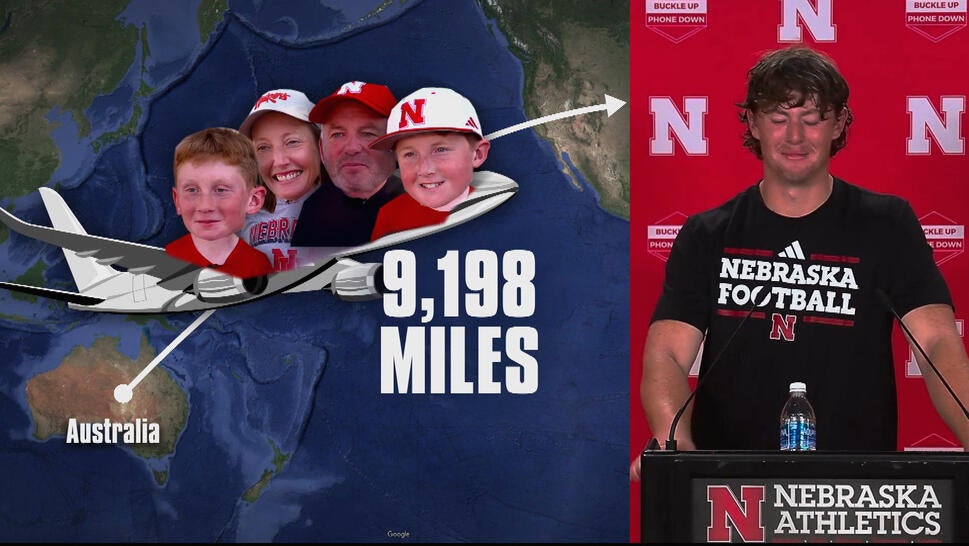 Map showing Australia and the United States, with graphic showing Archie Wilson's family traveling 9,198 miles by plane; Wilson bursting into tears during a press conference in August 2025 