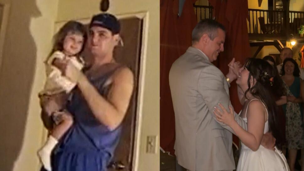 A bride and her dad have traditional dance / them dancing to Beauty and the Beast more than 28 years ago