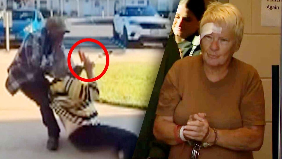 Man pulling woman holding a flare gun to ground / Woman with a bandaged head in handcuffs