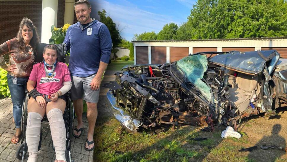 Teen in a wheelchair with bandaged legs and arms with her parents standing by her / Wrecked truck