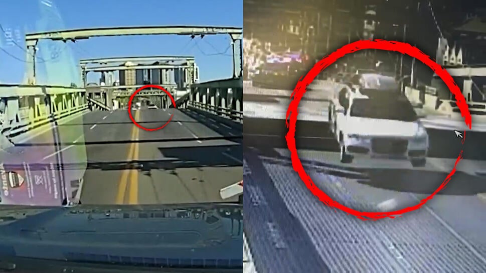 Police dashcam view and surveillance video view of a car jumping over gap in open drawbridge