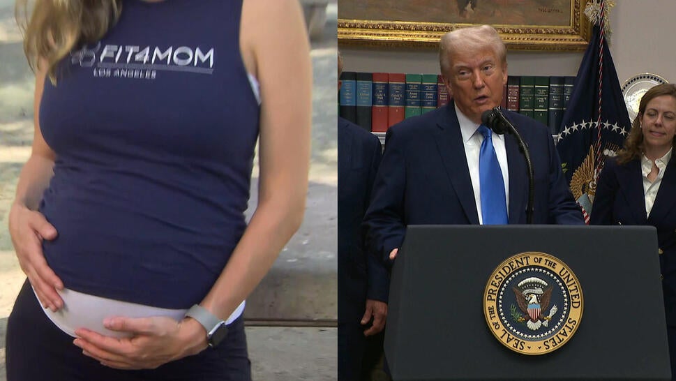 Pregnant woman holding her belly; Donald Trump