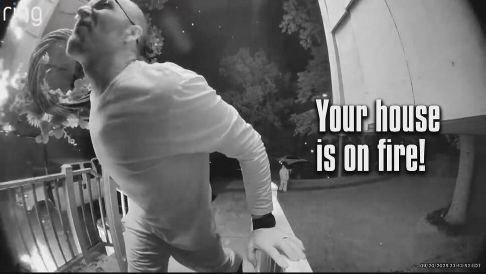Ring camera screenshot of man at a front door, text reads: "Your house is on fire!"
