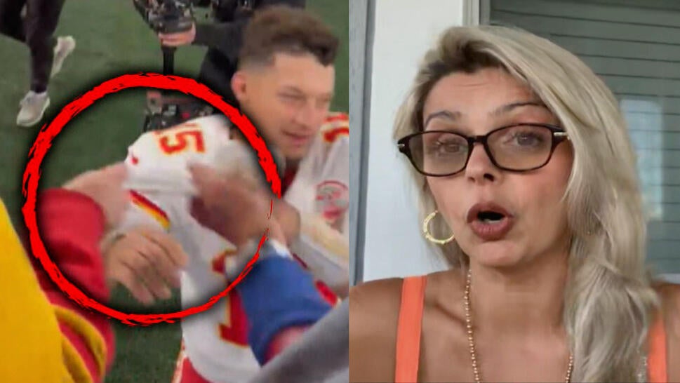 Patrick Mahomes' headband with a red circle over a hand grabbing it away; Nina Miller