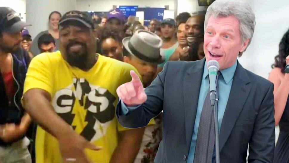 James Monroe Iglehart singing at an airport / Jon Bon Jovi singing at a wedding