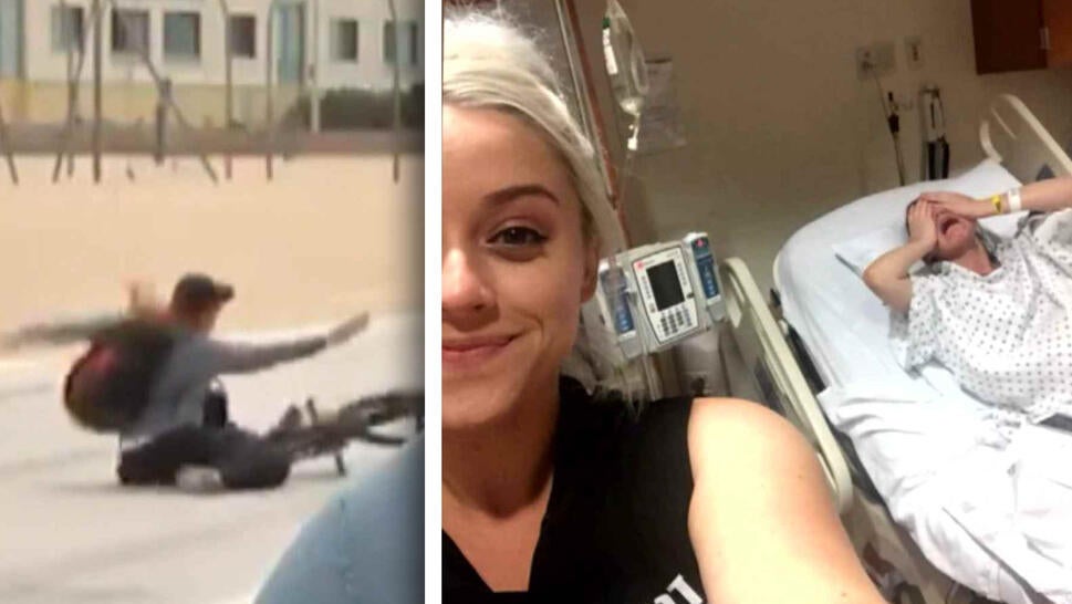 Person who fell off bike while taking a selfie / Woman taking a selfie while another woman is in the background in child labor pains