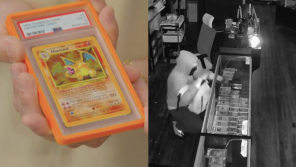 Pokemon card; security footage of a robber stealing from a store