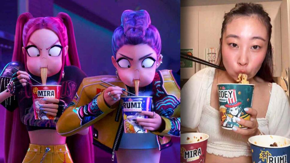 Clip from K Pop Demon Hunters animated film / Tiktok creator doing the ramen challenge