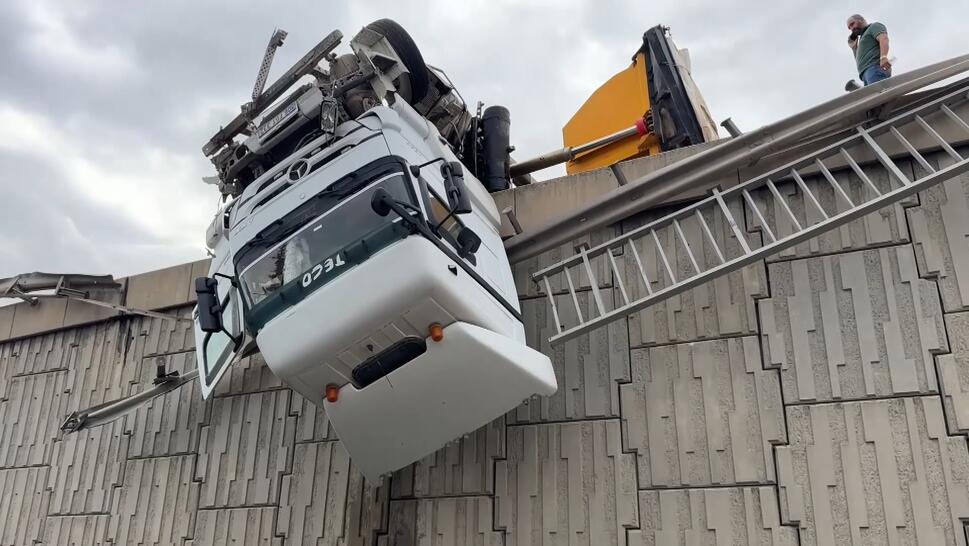 Truck Hangs Off Overpass