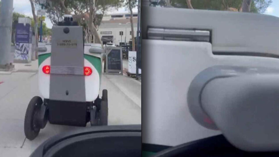 Robot driving in front of a man in a mobility scooter / Impact of robot and mobility scooter