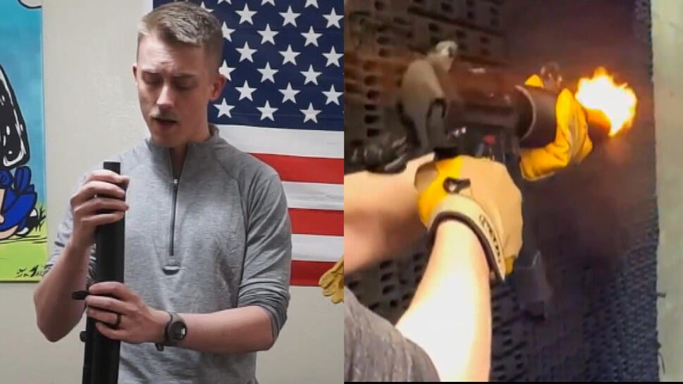 Stills from video of murder suspect Thomas Brown demonstrating a homemade firearm