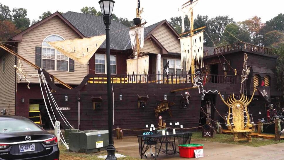 pirate ship outside a house