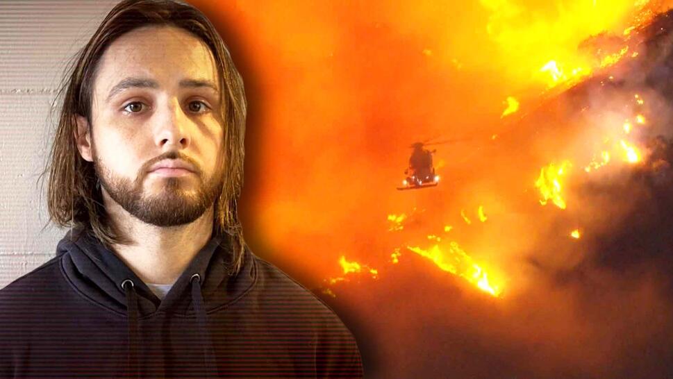 Jonathan Rinderknecht, suspect / Bird's eye view of a helicopter fighting the Palisades Fire