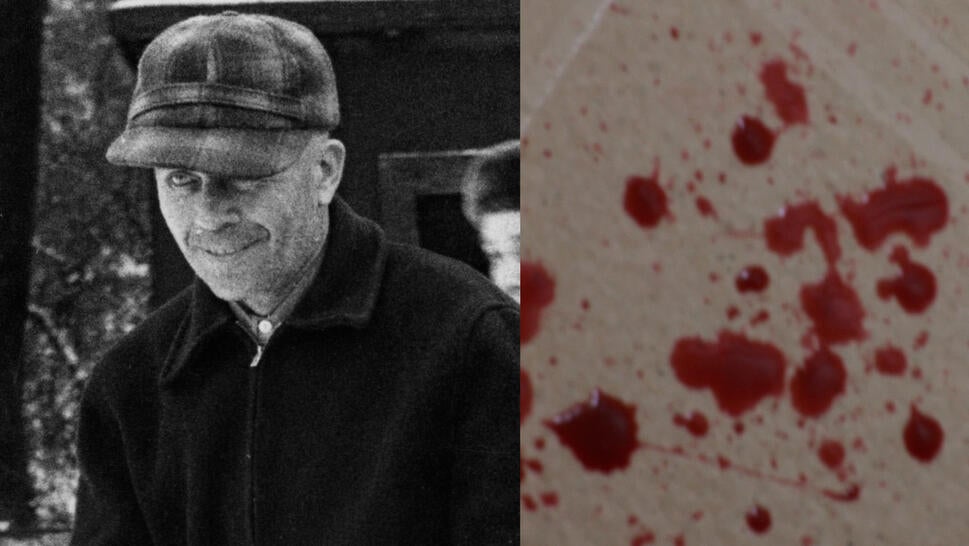 Split image of black and white photo of Ed Gein getting arrested in 1957/blood on linoleum floor
