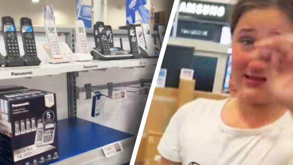 Landline phones displayed on a store shelf / Upset young girl wiping her eyes 