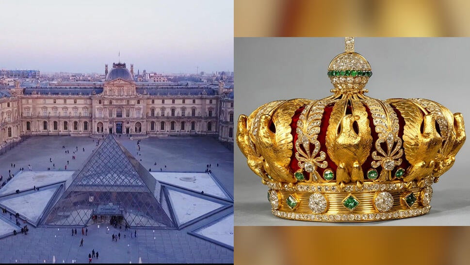 overhead shot of the Louvre Museum in Paris, crown jewels