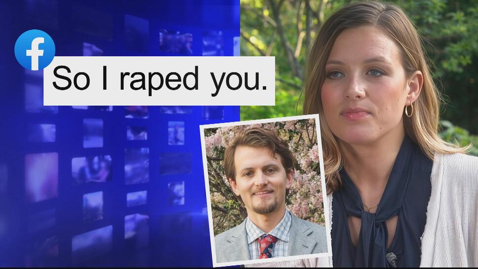 Shannon Keeler, her assailant Ian Cleary, excerpt from a Facebook message that reads, "So I raped you."